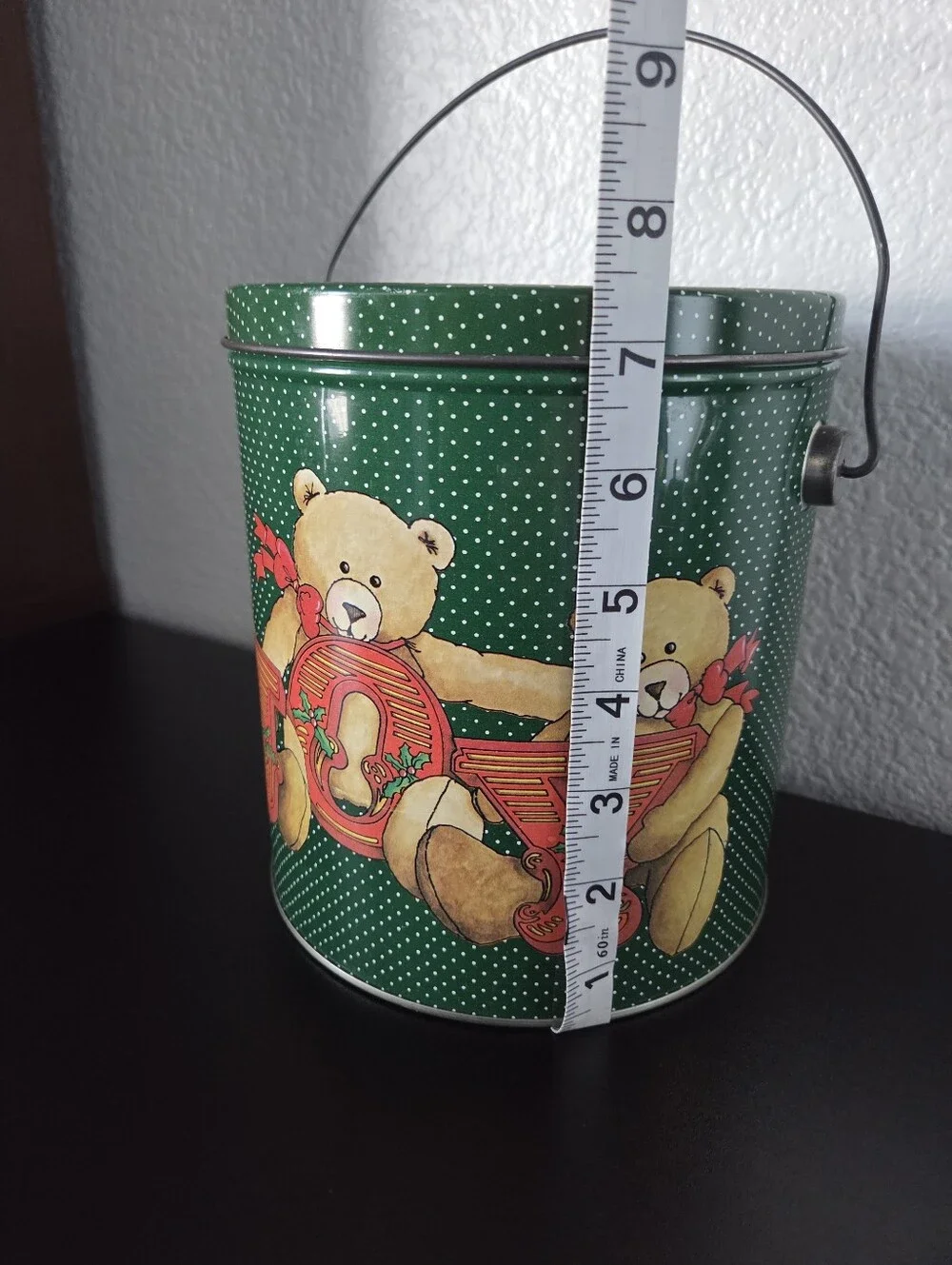 Vintage Holiday Christmas Bear JOY Storage Tin With Handle Green Red Home Decor